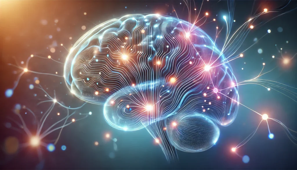 Stylized illustration of a human brain with glowing neural pathways and synapses, representing cognitive stimulation, enhanced focus, and brain activity.