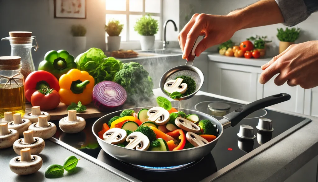 A modern kitchen scene where sliced mushrooms are being added to a vibrant vegetable stir-fry in a pan, conveying healthy cooking and the role of mushrooms in weight-loss-friendly diets.
