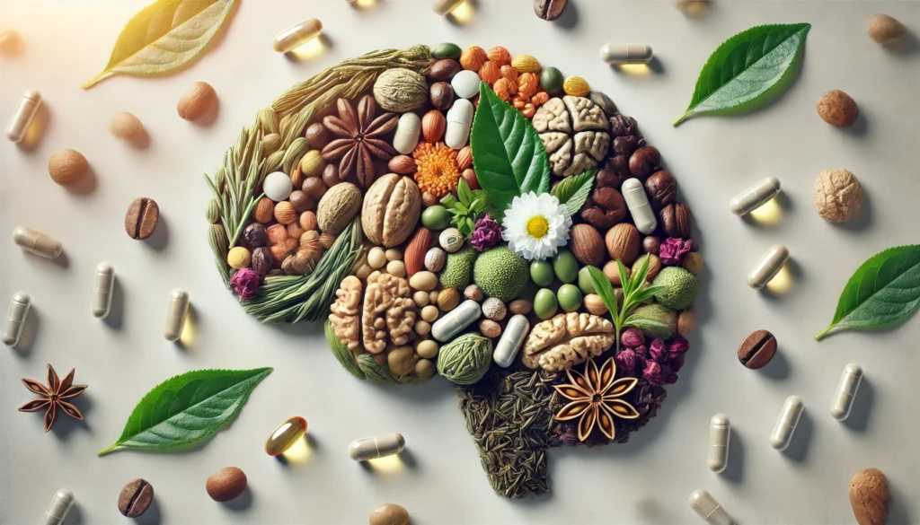 Brain-shaped arrangement of legal stimulant ingredients like green tea leaves, coffee beans, and L-theanine capsules on a bright surface — visually representing cognitive support and mental clarity.
