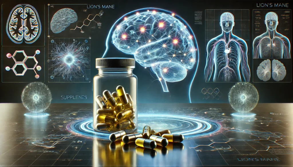 Futuristic laboratory with glowing brain and neuron visuals in the background, highlighting Lion’s Mane capsules on a sleek surface to represent science-driven cognitive supplements.