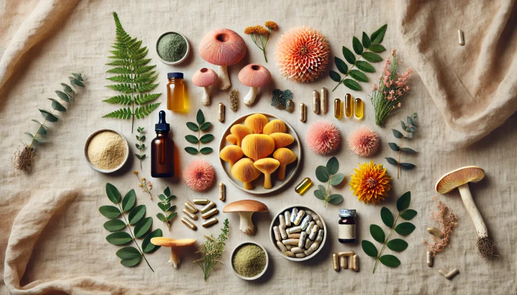 “Flat lay of various Lion’s Mane supplements including powder, capsules, and tincture, artistically arranged with fresh mushrooms and greenery on a neutral background.”