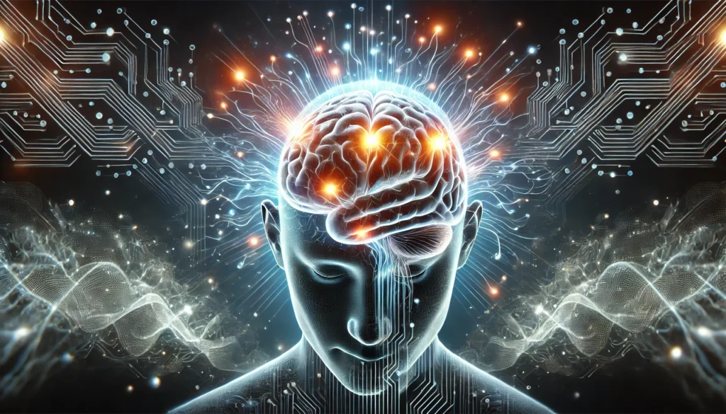 Human brain lit with neural circuits and energy waves, representing improved cognitive performance and mental clarity through racetam-based nootropics.