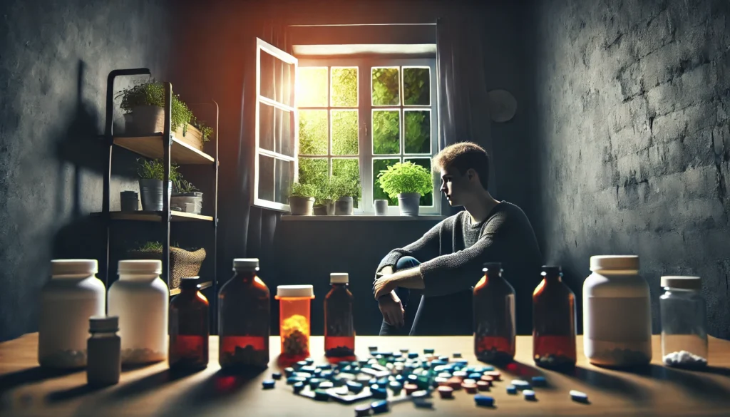 A moody visual showing a fatigued young adult in a dim room surrounded by pill bottles, with bright natural light streaming in from a window, highlighting the psychological toll of stimulant addiction and the possibility of healthier change.