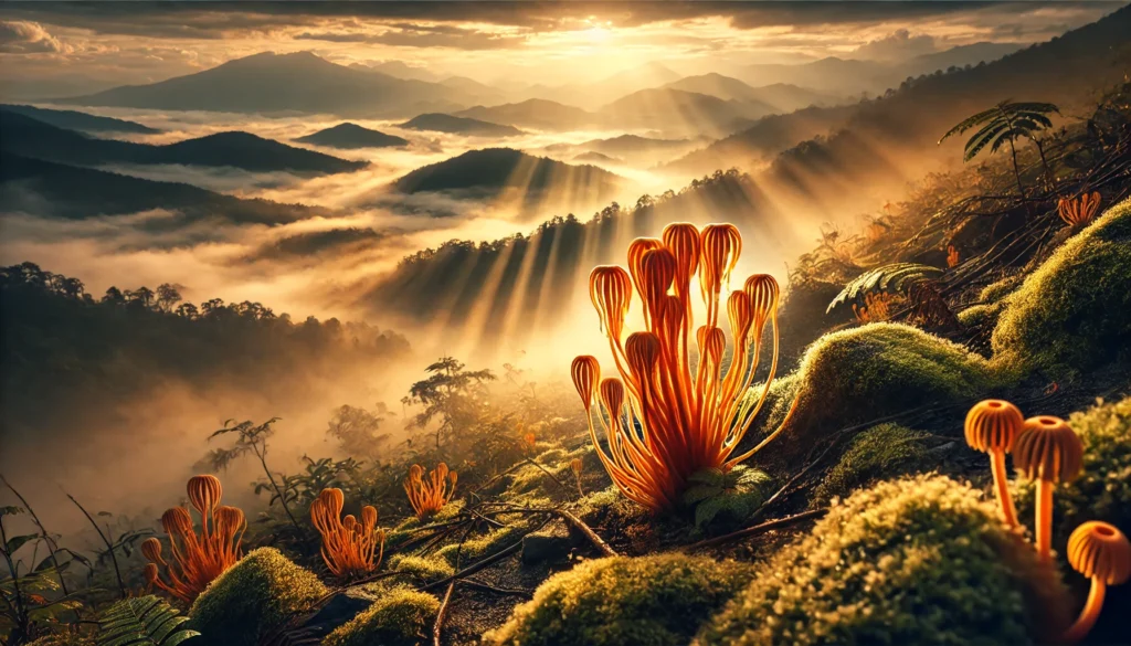 Vibrant orange Cordyceps mushrooms emerging from mossy ground on a misty mountain trail, evoking energy, vitality, and natural nootropic power in a high-altitude setting.