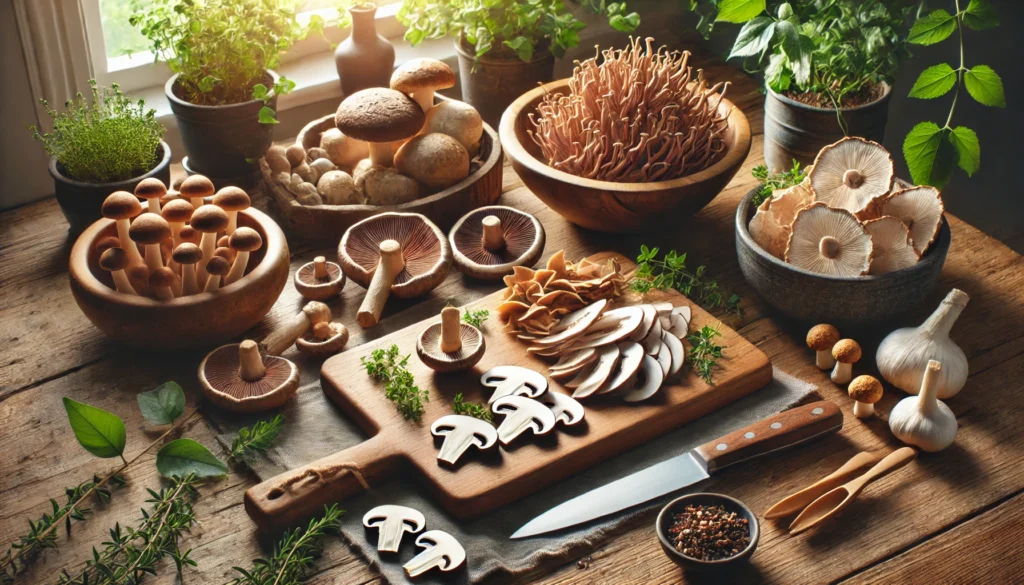 Fresh medicinal mushrooms like shiitake, maitake, oyster, lion’s mane, and reishi being sliced and prepared in a cozy kitchen with herbs and vegetables, evoking healthy cooking.