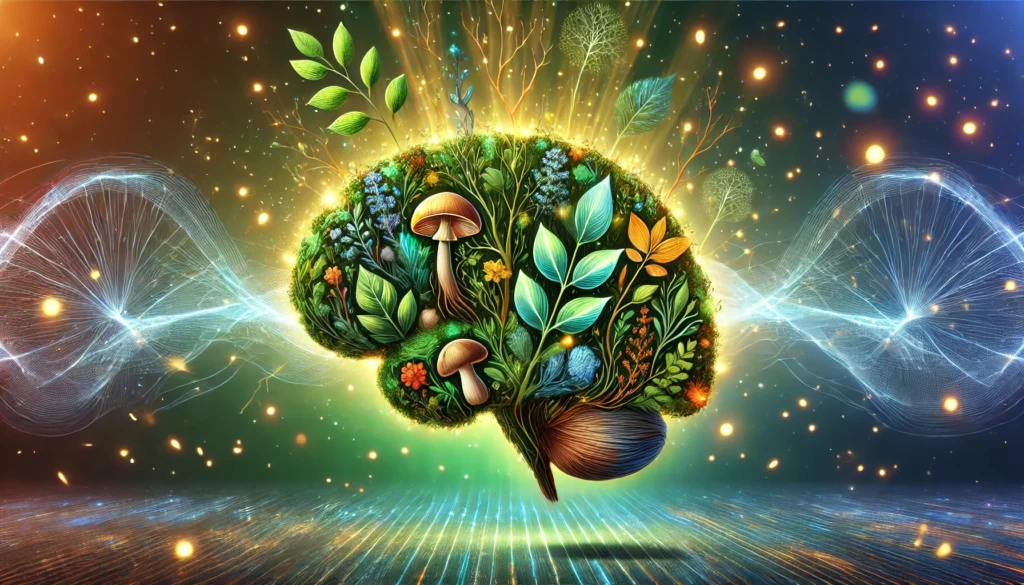 A digital illustration of a human brain made of natural elements like leaves, roots, and mushrooms, set against a dynamic neural network background with electric pulses, visually representing cognitive enhancement through natural nootropics.