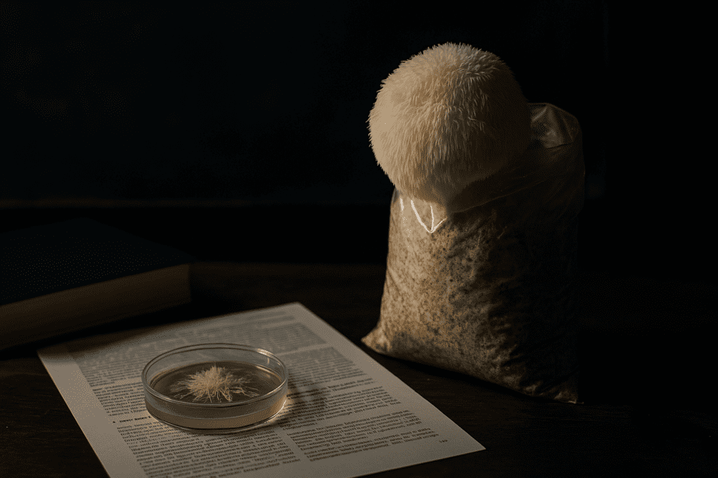 A close-up image of Lion’s Mane mushrooms growing from a plastic bag on a metal shelf, illuminated by cool, clinical lighting in a dark indoor environment. The detailed, shaggy white texture of the mushrooms stands out against the dim background, visually emphasizing the at-home cultivation process for beginners exploring how to grow Lion’s Mane mushrooms.