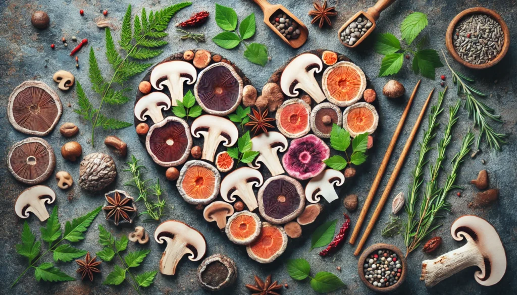 Freshly sliced Reishi and Shiitake mushrooms arranged in a heart shape on a stone background, surrounded by herbs and natural elements that visually suggest cardiovascular support.