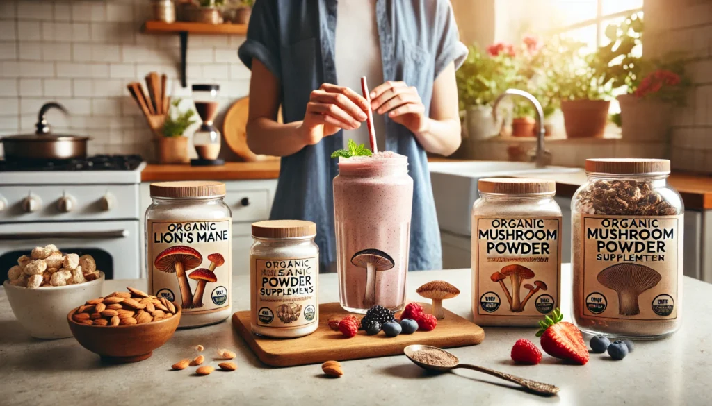 Person preparing a smoothie in a modern kitchen using mushroom supplements; jars of lion’s mane, cordyceps, and reishi are displayed alongside fresh berries and leafy greens.