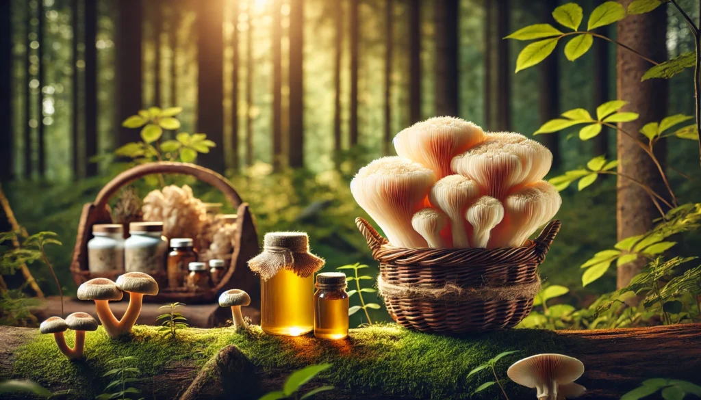 "Lion’s Mane mushrooms growing naturally on a forest log with a blurred background showing a basket of fresh mushrooms and supplement bottles."