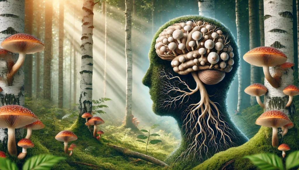 Conceptual forest scene with a brain made from tree branches and roots, set among birch trees with Chaga mushrooms, symbolizing cognitive enhancement through natural remedies.