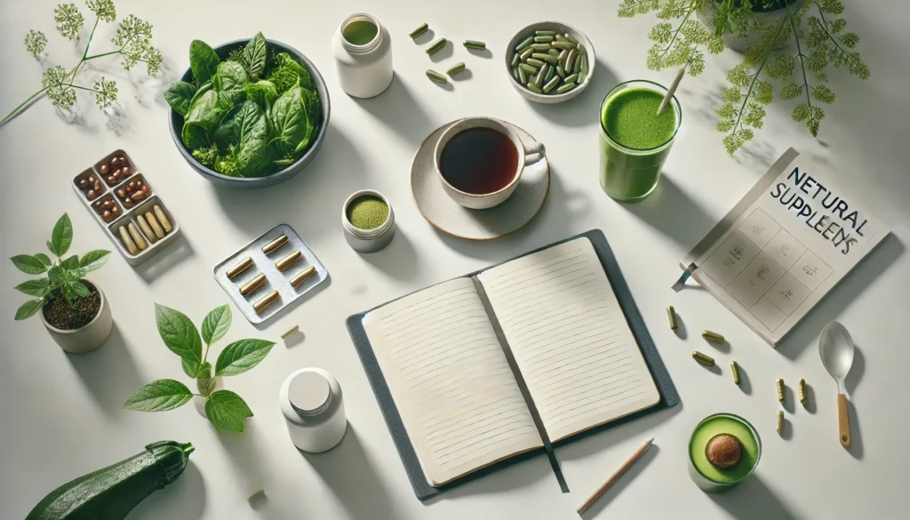 Modern minimalist workspace with herbal tea, supplement capsules, and green smoothie on a bright desk evoking mental clarity and productivity.