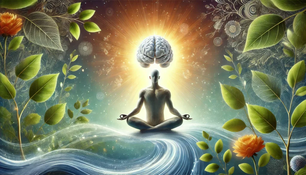 Conceptual digital illustration of a meditating figure with a glowing brain, surrounded by leaves and flowing water to represent natural cognitive focus and calm energy without pharmaceuticals.