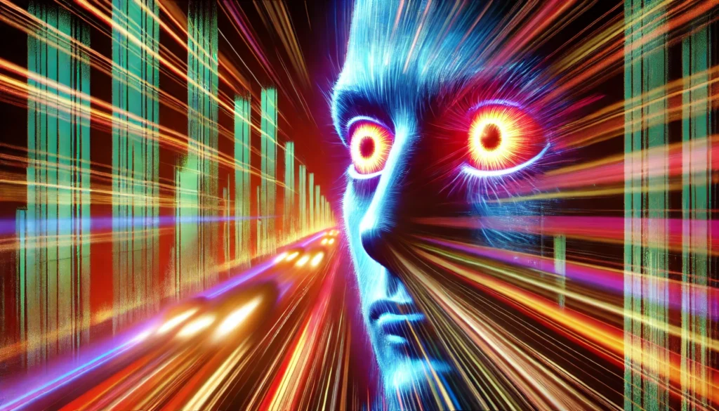 Symbolic image of a person with dilated pupils moving rapidly through a blurred neon cityscape, illustrating the intense stimulant effects of amphetamines on perception and hyperactivity.