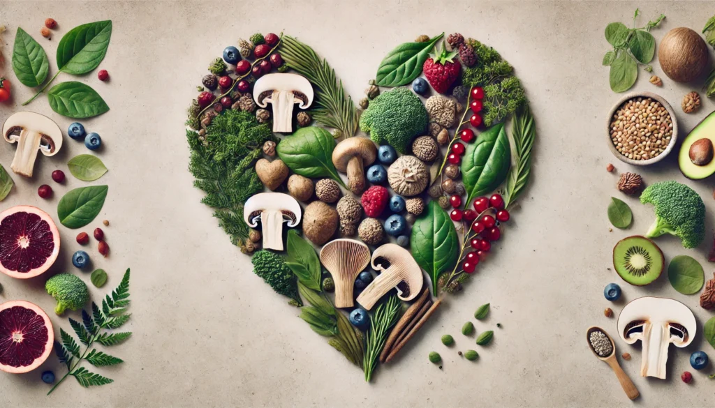 A heart shape made from natural foods including mushrooms, berries, and greens, arranged artistically on a minimalist neutral background.