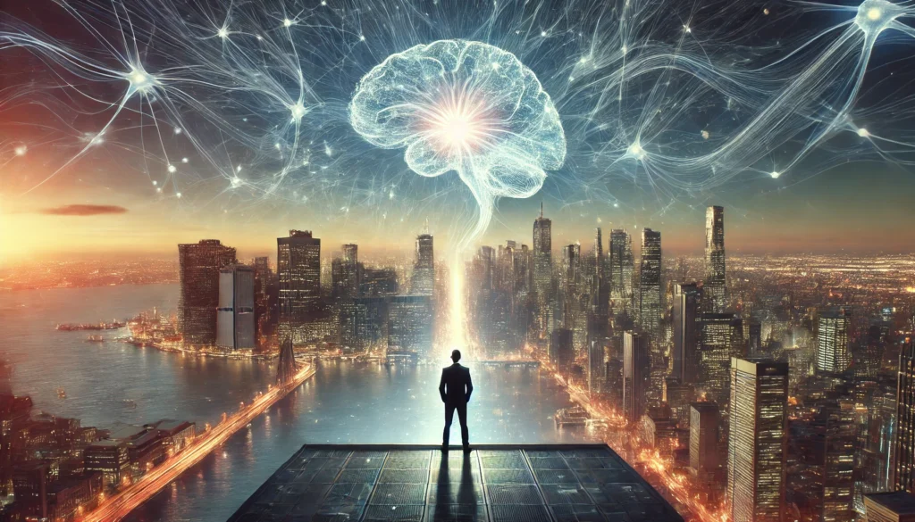 A person standing at the edge of a futuristic cityscape, gazing at a sky filled with swirling neurons and data streams, symbolizing limitless cognitive expansion and brainpower unlocking.