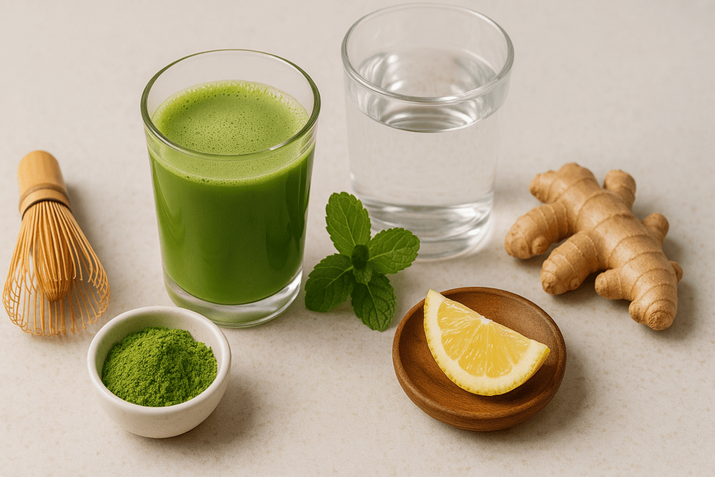 matcha green tea with fresh ginger root, mint leaves, lemon slice, and clear water, illustrating a healthy caffeine alternative for energy and morning focus