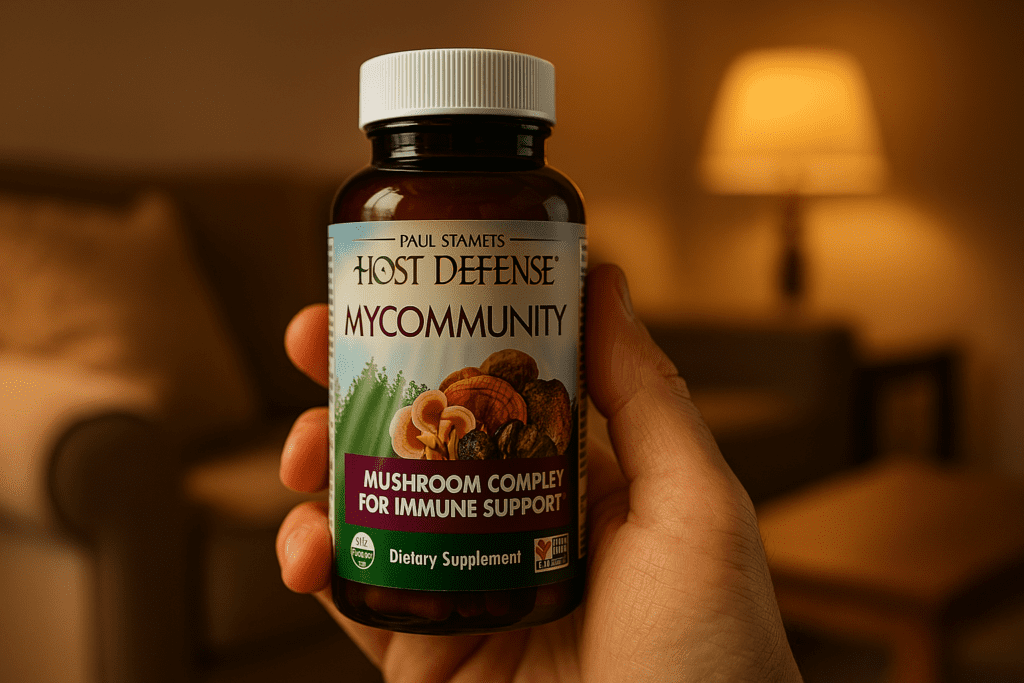 A close-up of a hand holding a bottle of Host Defense MyCommunity mushroom supplements inside a warmly lit living room, with a soft-focus beige couch and table lamp in the background. This image emphasizes the natural, home-friendly feel of Paul Stamets’ products in a relaxing, indoor setting.