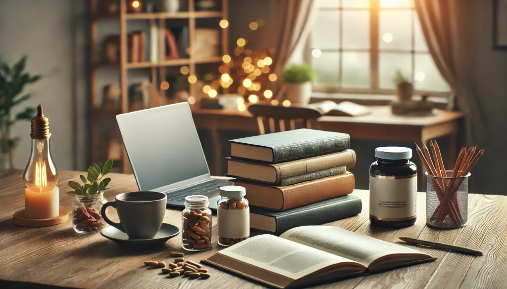 A serene study environment with a stack of books, a cup of coffee, and natural brain-enhancing supplements on a clean wooden table. A blurred background reveals a peaceful home office with soft lighting and an open laptop, symbolizing deep concentration and productivity.