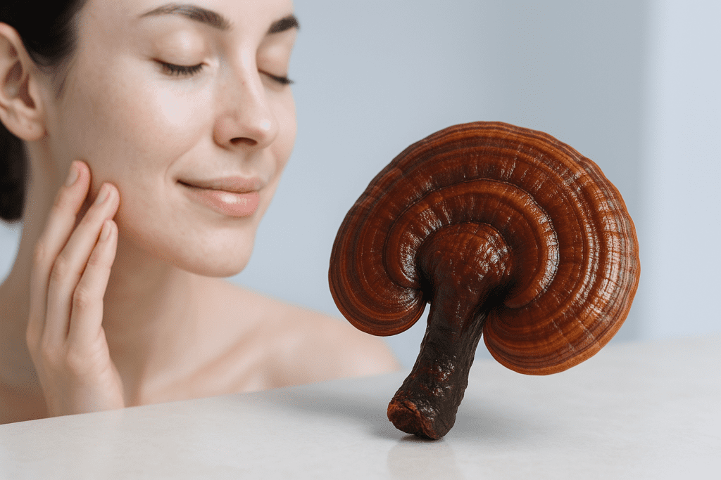 A close-up photo features a radiant-skinned woman beside a polished Reishi mushroom, both lit under cool clinical lighting with a minimal, sterile background. The image visually underscores the skin-enhancing properties of Lingzhi mushrooms through a clean and science-inspired setting.