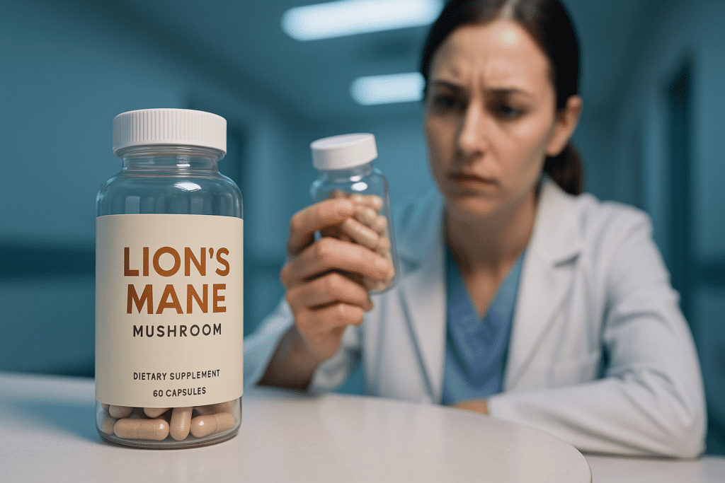 A clear bottle labeled Lion’s Mane Mushroom sits on a sterile white table under cool clinical lighting, with a blurred female doctor in the background examining another supplement bottle. The professional medical setting emphasizes safety concerns and expert evaluation of Lion’s Mane supplements for children with ADHD.
