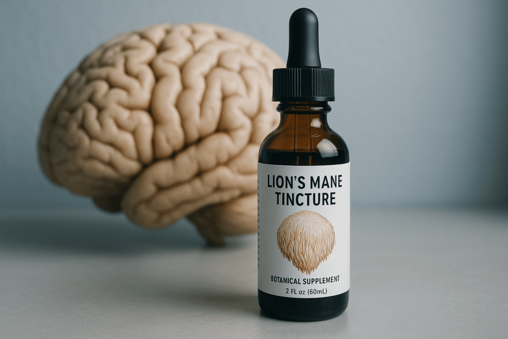 A close-up of a Lion’s Mane tincture bottle stands against a soft gray background, with a realistic brain model subtly blurred behind it. The minimalist setting highlights the connection between Lion’s Mane supplements and natural support for brain health and mental performance.