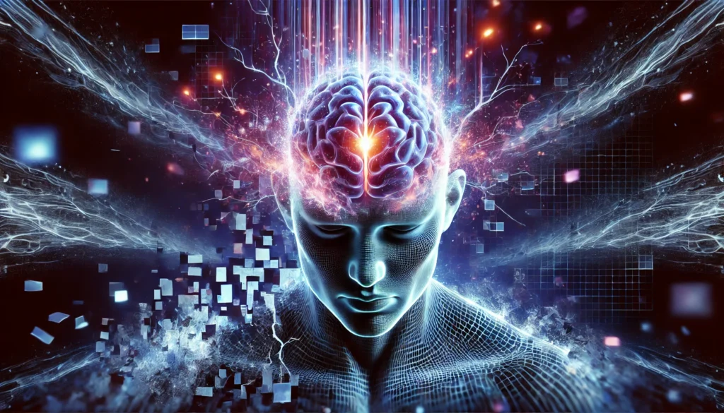 A futuristic portrayal of Piracetam's neurological effects, featuring a pulsating brain with glowing neural pathways and fragmented distortions symbolizing overstimulation, brain fog, and headaches.