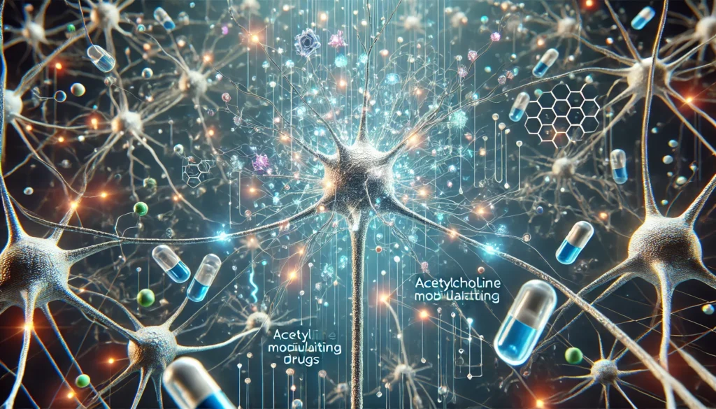 A futuristic 3D-rendered visualization of interconnected neurons affected by drugs modulating acetylcholine. Some synapses glow brightly, while others appear frayed and dimmed. Floating neurotransmitter molecules and pills interact with the neurons.