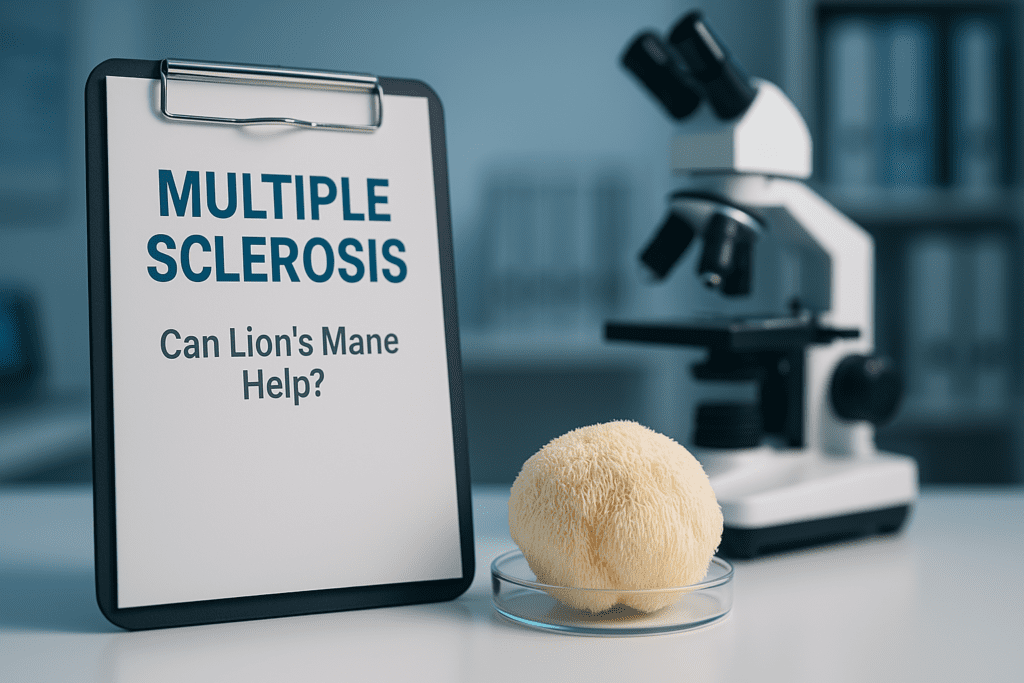 A Lion’s Mane mushroom sits in a Petri dish beside a clipboard labeled “Multiple Sclerosis – Can Lion’s Mane Help?” in a clean laboratory setting. The cool clinical lighting and presence of a microscope convey a scientific focus on Hericium erinaceus for MS research and neuroprotective potential.