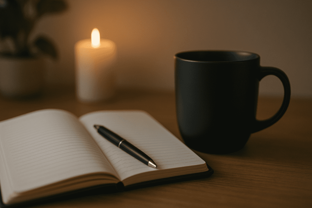 A minimal wooden desk with an open journal, black pen, and matte black mug beside a glowing candle, evoking calm energy and mindful focus strategies.