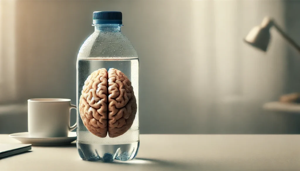 A conceptual image of dehydration affecting brain function, featuring a transparent water bottle containing a shriveled human brain, highlighting the impact of water deficiency on cognitive performance.