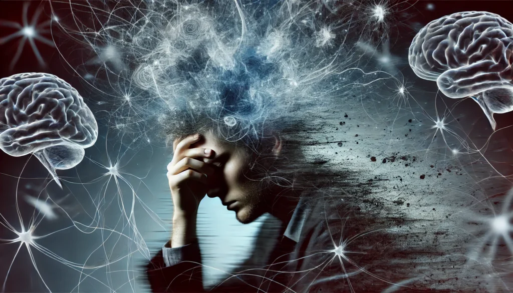 A conceptual illustration of anxiety’s impact on memory, featuring a distressed individual surrounded by chaotic swirling thoughts. Their face is blurred to signify forgetfulness, while neural connections fade into darkness in the background, symbolizing cognitive decline and mental confusion.