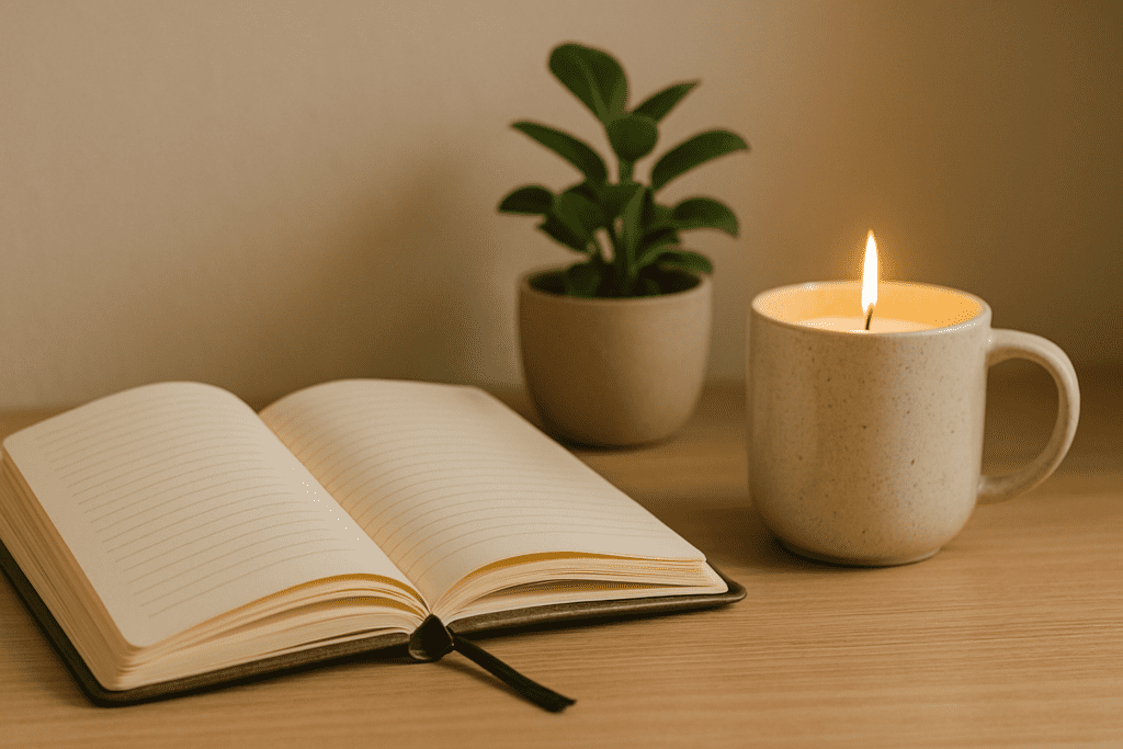 An open journal, a lit candle in a ceramic mug, and a small green plant sit neatly on a wooden desk in a calm, warmly lit room.