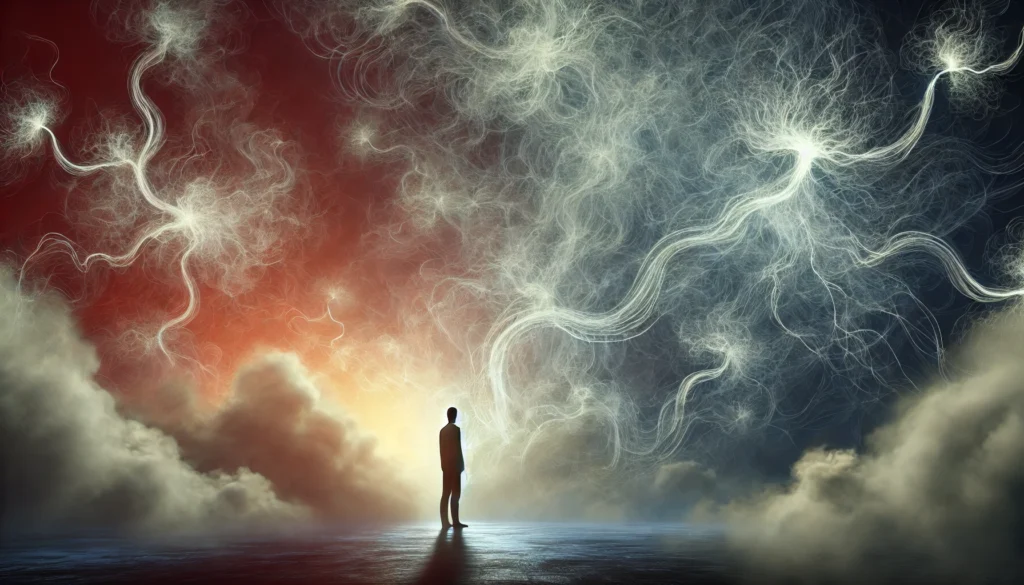 An abstract portrayal of brain fog, showing a silhouette standing in a misty landscape where the fog resembles tangled neurons, representing cognitive impairment and lack of focus.