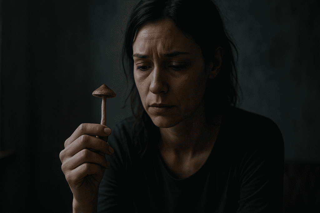 In a dimly lit room, a contemplative woman in her thirties holds a psilocybin mushroom delicately, her expression reflective under moody shadows. The dramatic lighting and dark indoor setting evoke the personal and introspective journey associated with magic mushrooms for managing anxiety and emotional healing.