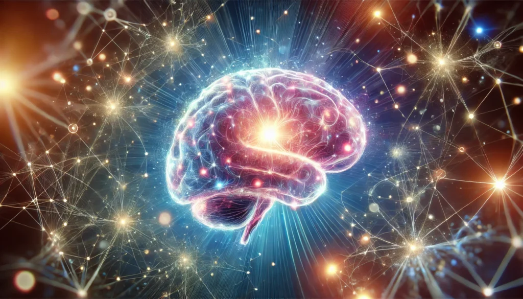 A futuristic artistic representation of a human brain glowing with vibrant energy, surrounded by abstract neural connections, symbolizing cognitive enhancement, focus, and brain-boosting effects.