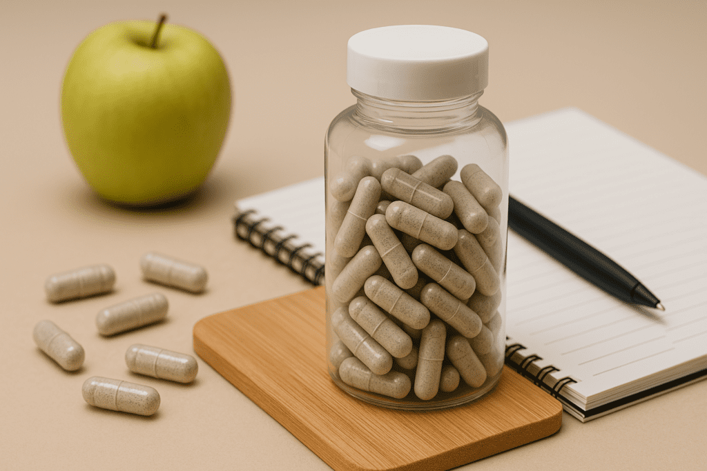 "Transparent bottle of speckled capsules on a wooden board with green apple, notebook, and pen, representing natural supplements for cognitive focus and weight management."