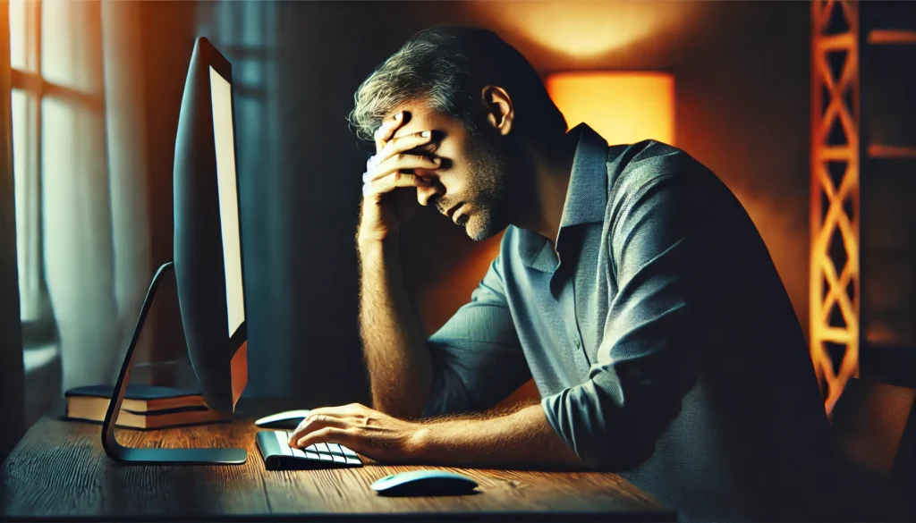 A man experiencing chronic fatigue syndrome sitting at his desk, struggling to focus on his computer screen with a slouched posture and tired eyes, illustrating the effects of brain fog and fatigue-related cognitive impairment.