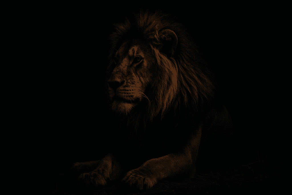 A photorealistic image of a muscular African American man standing in a dimly lit gym, illuminated by moody ambient lighting, with a glowing lion portrait behind him. The composition symbolizes inner strength, the power of ritual, and the lion mane's connection to human optimization and primal resilience.
