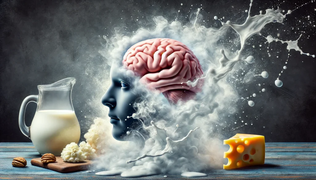 A surreal image of a human brain partially engulfed in fog, illustrating cognitive impairment. Milk splashes and cheese pieces subtly emerge from the mist, visually connecting dairy consumption to mental cloudiness and confusion.