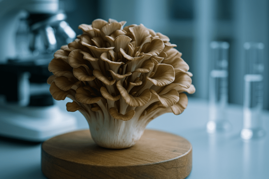 A mature Maitake mushroom rests on a circular wood base in a clinical lab setting, lit by cool, even lighting that highlights its texture. Laboratory tools in the background reinforce the science-backed health benefits of Maitake mushrooms for brain health and immunity.