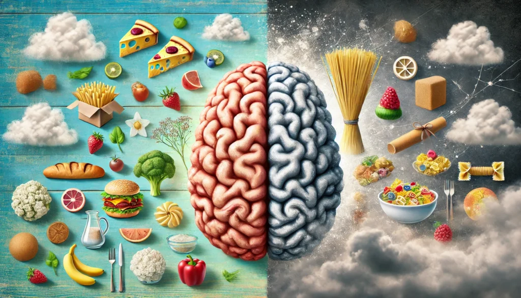 A surreal split-brain concept where one side is clear and vibrant, while the other is foggy and cloudy, with carbohydrate-rich foods subtly blending into the foggy area, symbolizing the potential cognitive effects of excessive carbohydrate consumption.