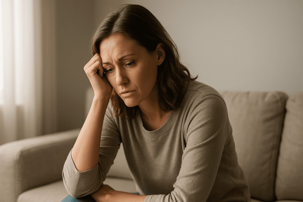 A Caucasian woman in her 30s sits thoughtfully on a beige couch in a softly lit living room, resting her head on her hand, appearing low on energy and deep in thought.