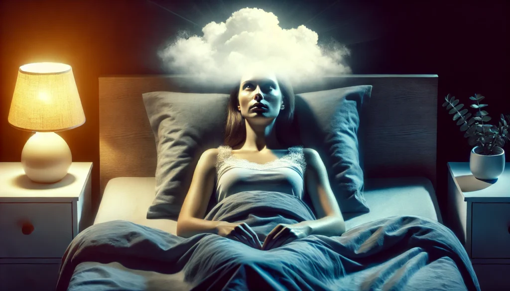 A woman lying awake in bed at night, staring at the ceiling with exhaustion, her head surrounded by a soft glow representing cognitive fog from lack of sleep.