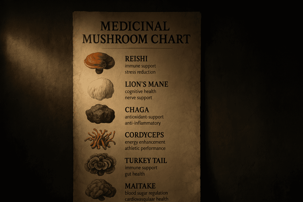 A clean, close-up photo of a “MEDICINAL MUSHROOMS” chart features six detailed mushroom illustrations—Reishi, Lion’s Mane, Chaga, Cordyceps, Turkey Tail, and Maitake—under dramatic clinical lighting, highlighting their science-backed benefits like stress reduction, antioxidant support, and improved cognitive function against a dark stone-textured background.