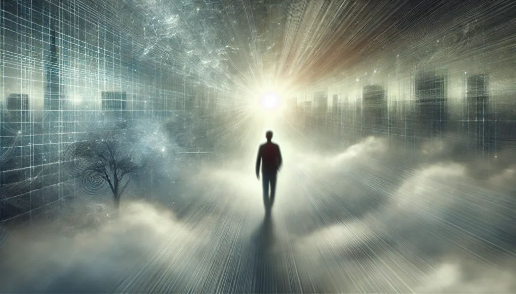 A conceptual depiction of cognitive fog caused by vertigo. A person walks through a misty, dreamlike landscape with their vision blurred and surroundings fading into obscurity. The scene conveys a sense of disorientation, exhaustion, and mental haze.
