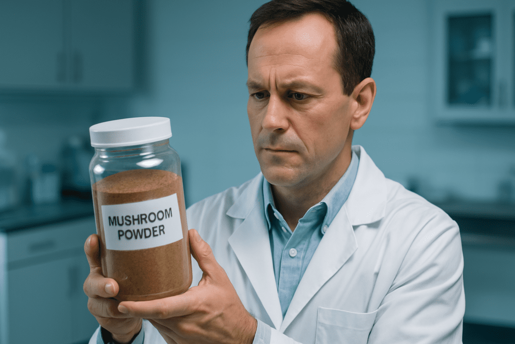 A male scientist in a white lab coat closely examines a large jar labeled “Mushroom Powder” in a sterile, modern laboratory under cool clinical lighting. The image conveys credibility and emphasizes quality control when buying medicinal mushroom powders from scientifically vetted sources.