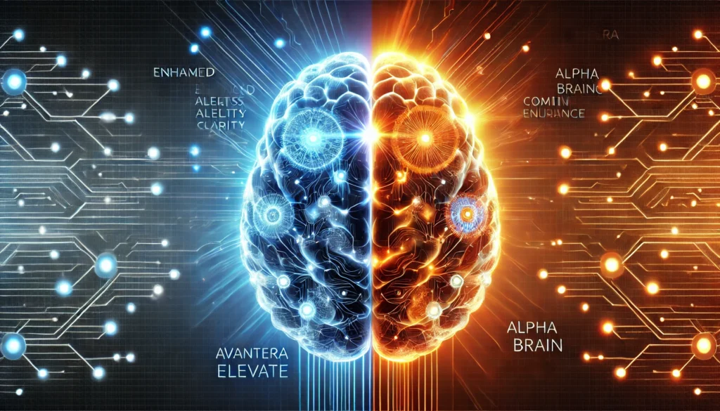 A futuristic human brain split into two halves—blue on the left for focus and alertness (Avantera Elevate) and orange on the right for memory and cognitive endurance (Alpha Brain). Digital neural pathways connect both sides.
