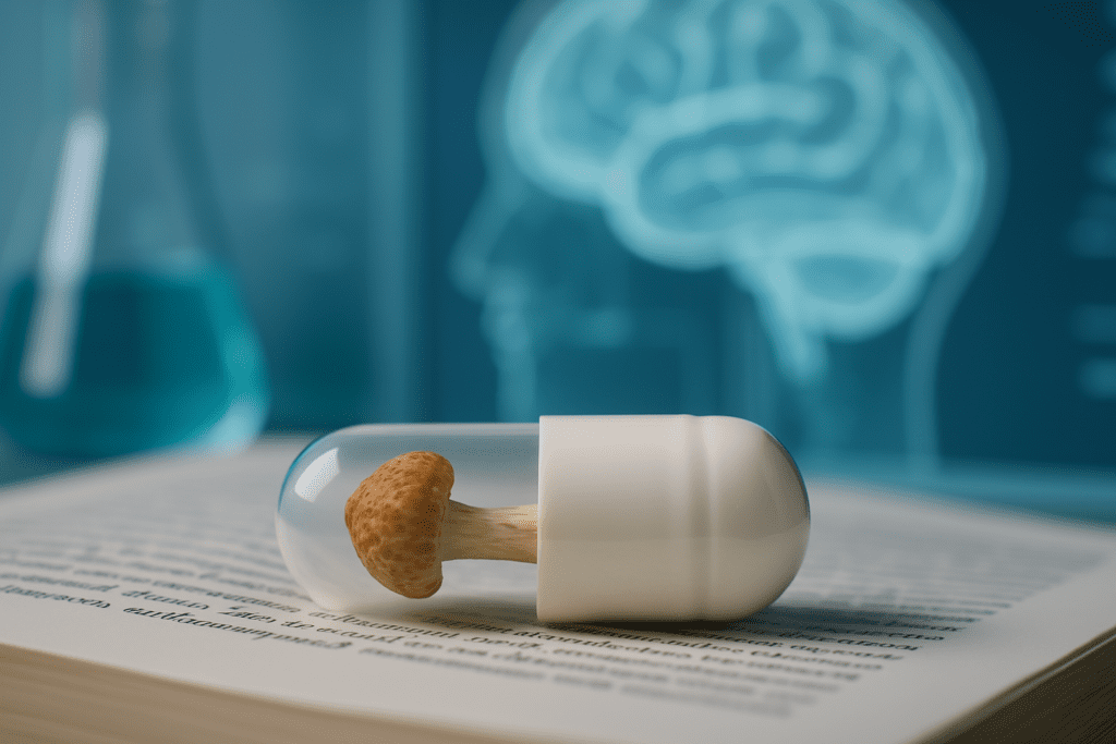 A close-up of a white capsule containing a miniature mushroom lies on the pages of an open book, with a softly lit scientific background featuring a brain diagram and lab equipment. The clean, clinical lighting and modern composition emphasize the scientific perspective on the cognitive benefits of microdosing mushrooms.