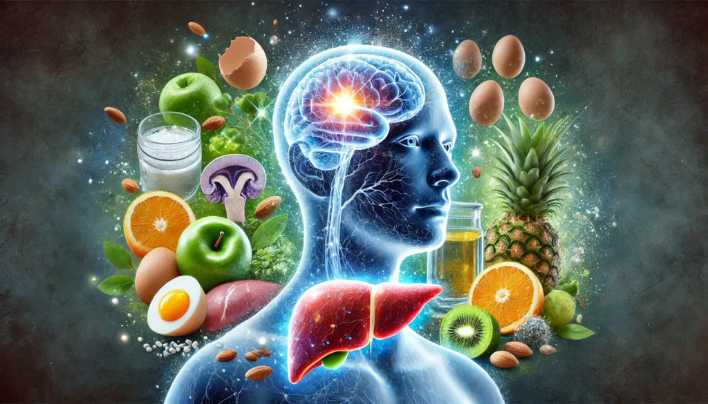 A high-quality digital illustration featuring a transparent human head with an illuminated brain, highlighting synaptic activity and cognitive benefits. Below, a healthy liver emits a detoxifying glow. Nutrient-rich foods such as eggs, fish, nuts, and citrus fruits are arranged artistically. The background blends cool blue and green hues, evoking a sense of vitality.